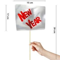 New Year, Metalik Karton Konuşma Balonu Çubuğu - Gümüş