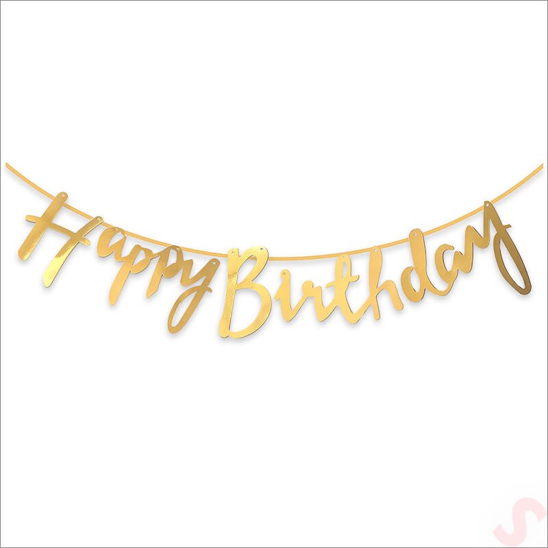 Happy Birthday Parlak Karton Kaligrafi Banner, 2 mt - Altın