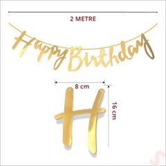 Happy Birthday Parlak Karton Kaligrafi Banner, 2 mt - Altın
