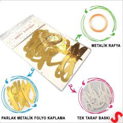 Happy Birthday Parlak Karton Kaligrafi Banner, 2 mt - Altın