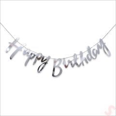 Happy Birthday Parlak Karton Kaligrafi Banner, 2 mt - Gümüş
