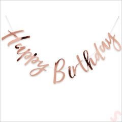 Happy Birthday Parlak Karton Kaligrafi Banner, 2 mt - Rose Gold