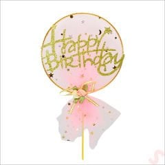 Happy Birthday Tüllü Metal Pasta SüSü, 21cm x 11cm - Pembe