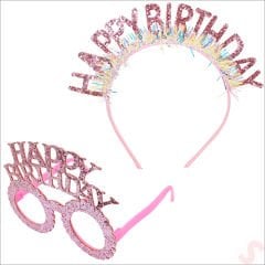 Happy Birthday Taç ve Gözlük Seti - Pembe