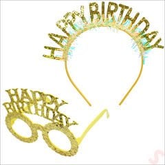 Happy Birthday Taç ve Gözlük Seti - Altın