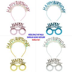 Happy Birthday Taç ve Gözlük Seti - Altın