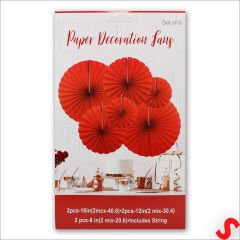 Kağıt Yelpaze SüS, 6 Adetli Set, Kırmızı