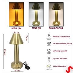 Şarjlı Dokunmatik Ayarlanabilir Renk Tonlu LED Masa Lambası - 23cm