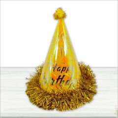 Happy Birthday, Metalik Baskılı Karton Şapka, 25 cm - Sarı