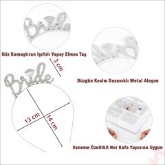 Kristal Parlak Taşlı, Metal Bride Taç - Gümüş