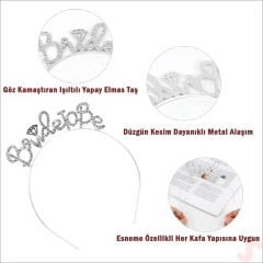 Kristal Parlak Taşlı, Metal Bride To Be Taç - Gümüş