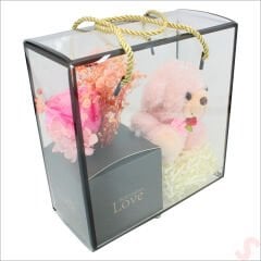 Pembe Pelüş Ayıcıklı ve Kutulu Yapay Çiçek Buketi - 20cm