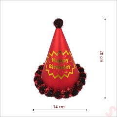 Ponponlu Happy Birthday Şapka, 20cm x 1 Adet - Kırmızı
