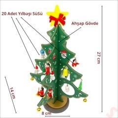 20 Parça SüSLü Ahşap 27cm Mini Yılbaşı Ağaç Seti - Yeşil