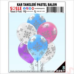 Kar Taneleri Baskılı Pastel Balon, 30cm x 8 Adet