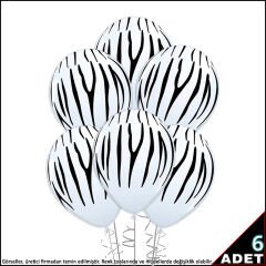 Zebra Baskılı Beyaz Balon, 30cm x 6 Adet