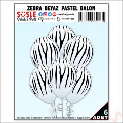 Zebra Baskılı Beyaz Balon, 30cm x 6 Adet