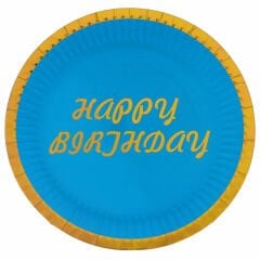 Varak Baskılı, Happy Birthday Karton Tabak, Mavi - 23 cm - 8 Adet