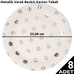 Varak Baskılı, Gümüş Puanlı Karton Tabak, 23 cm - 8 Adet