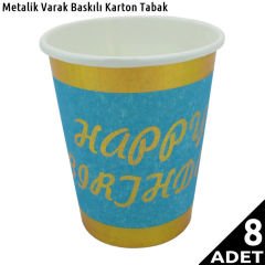 Varak Baskılı, Happy Birthday Karton Bardak, Mavi - 8 Adet