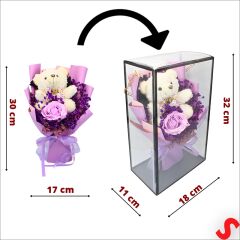 PVC Kutulu,Pelüş Ayıcık ve Mor Güllü Kuru Çiçek Buketi 32cmx18cm