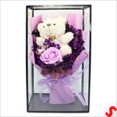 PVC Kutulu,Pelüş Ayıcık ve Mor Güllü Kuru Çiçek Buketi 32cmx18cm