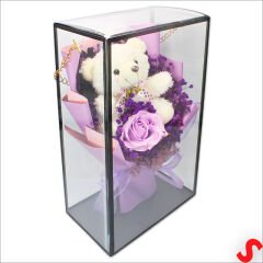 PVC Kutulu,Pelüş Ayıcık ve Mor Güllü Kuru Çiçek Buketi 32cmx18cm