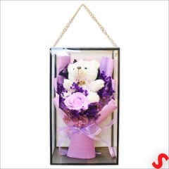 PVC Kutulu,Pelüş Ayıcık ve Mor Güllü Kuru Çiçek Buketi 32cmx18cm