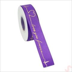 Grogren Kurdele Love You Altın Baskılı, 2,5cm x 23mt - Mor
