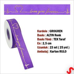 Grogren Kurdele Love You Altın Baskılı, 2,5cm x 23mt - Mor