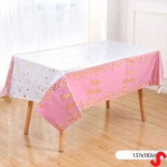 Happy Birthday Altın Baskılı Masa Örtüsü, 137cm x 183cm - Pembe