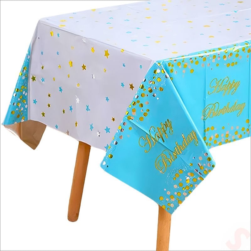 Happy Birthday Altın Baskılı Masa Örtüsü, 137cm x 183cm - Mavi