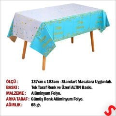 Happy Birthday Altın Baskılı Masa Örtüsü, 137cm x 183cm - Mavi