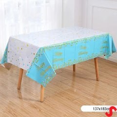 Happy Birthday Altın Baskılı Masa Örtüsü, 137cm x 183cm - Mavi