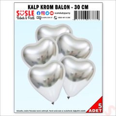 Krom Kalp Balon, Gümüş - 30cm x 5 Adet