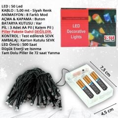 Pilli ve Animasyonlu 50 Led x 5 mt - Kırmızı Led Işık