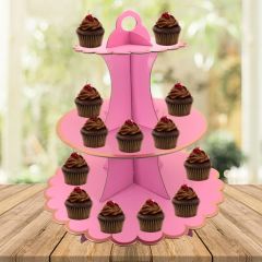 CupCake Standı, 3 Katlı, Metalik Altın Çerçeveli, Pembe