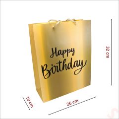 Happy Birthday Altın Karton Çanta, 32 x 26 x 10 cm - 12 Adet