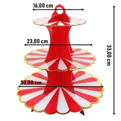 CupCake Standı, 3 Katlı, Metalik Altın Çerçeveli Kırmızı