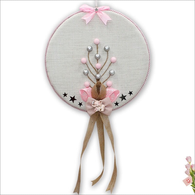 Fil Temalı Ahşap Pano 35cm Kapı Süsü - Pembe