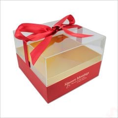 Pleksi Kapaklı Fiyonklu Karton Kutu, 23 x 23 x 17cm - Kırmızı