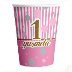 1 Yaşında Karton Bardak, 8 Adet - Pembe