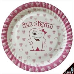 İlk Dişim Karton Tabak, 23cm x 8 Adet - Pembe