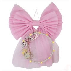 Kasnaklı Tül Fiyonk ve Ayıcıklı 70cm x 55cm Kapı Süsü - Pembe