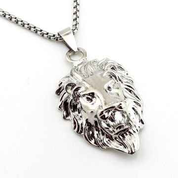 Aslan Lion Kabartma Gümüş Renkli Çelik Erkek Kolye Zincir Q0836