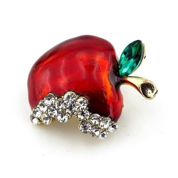 Kırmızı Elma Isırılmış Apple Pamuk Prenses Zirkon Taşlı Broş RZ172