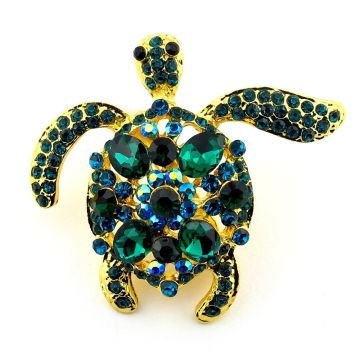 Su Kaplumbağası Yeşil Mavi Tonlar Zirkon Taşlı Broş RZ174