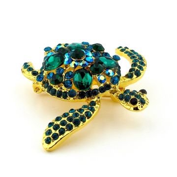 Su Kaplumbağası Yeşil Mavi Tonlar Zirkon Taşlı Broş RZ174