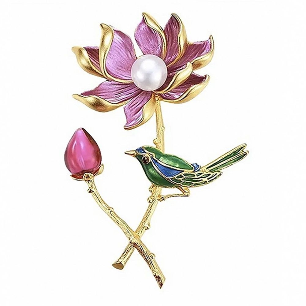 Pembe Lotus Çiçeği Daldaki Kuş Renkli Metal Broş RZ192