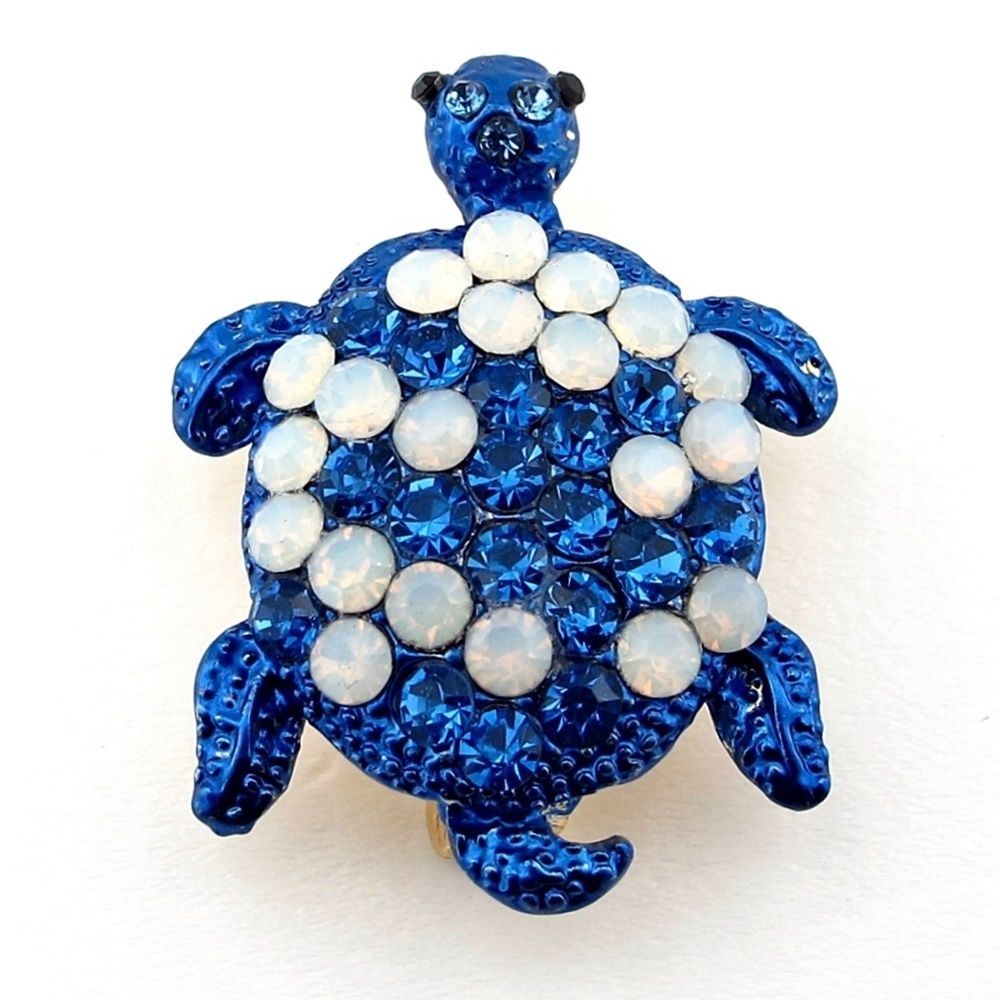 Mavi Beyaz Benekli Su Kaplumbağası Deniz Zirkon Taşlı Broş RZ198